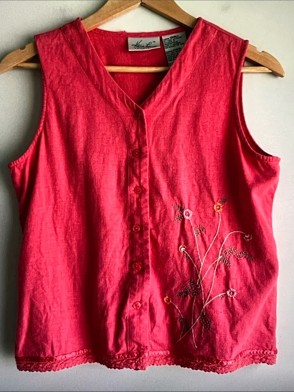 Hand Embroidered Coral Sleeveless Button-Front Women's Top